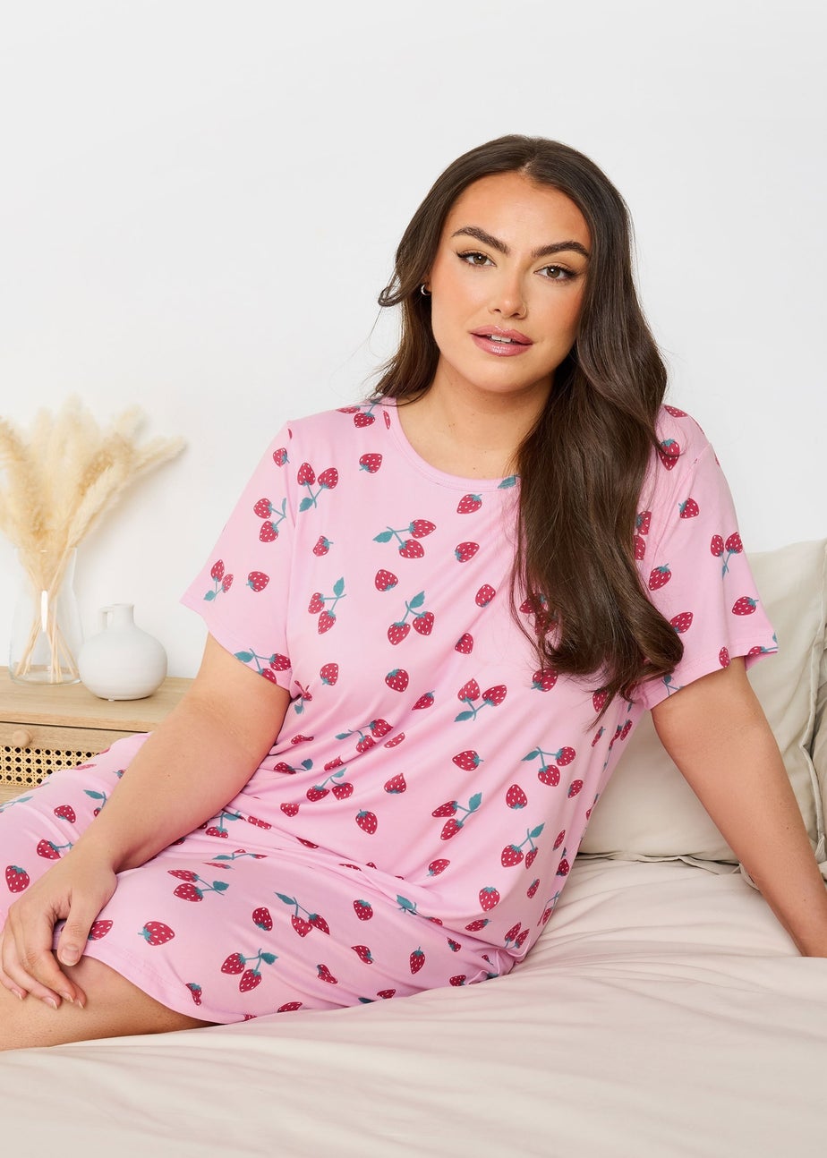 Yours Curve 2 Pack Pink & Grey Fruit Print Soft Touch Nightdresses