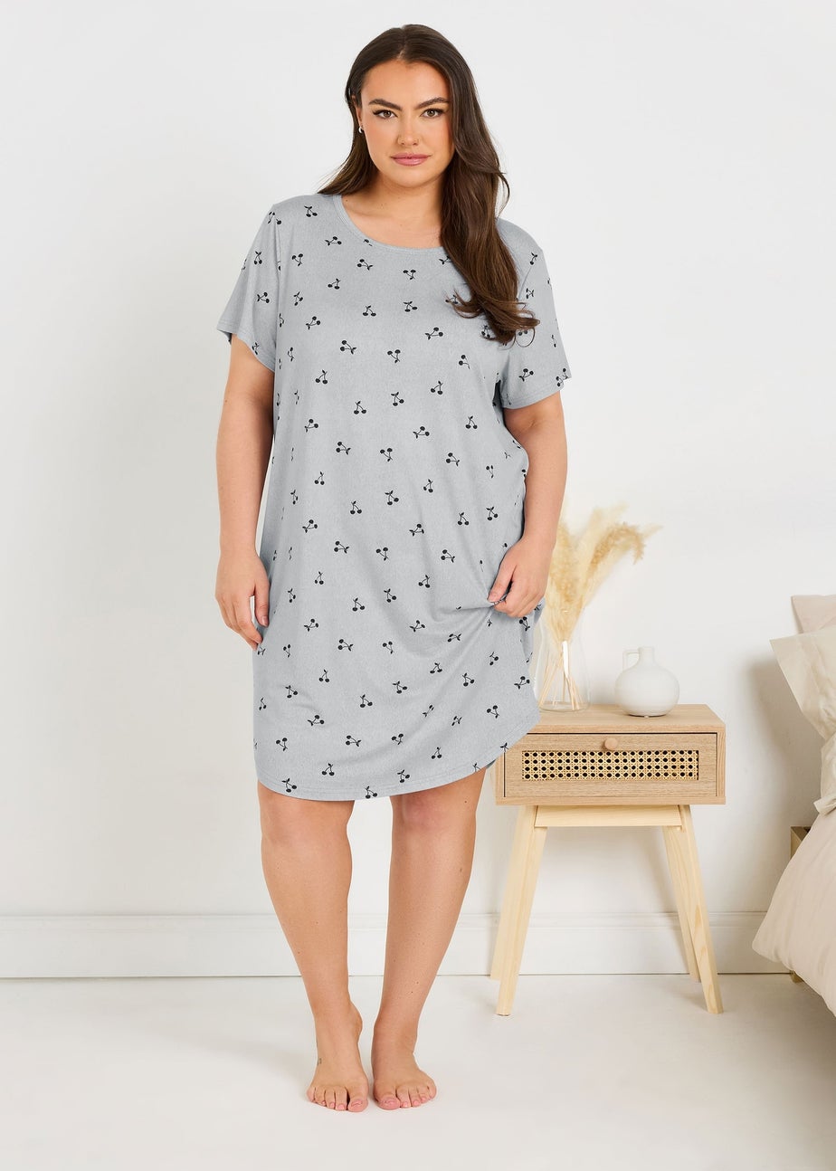 Yours Curve 2 Pack Pink & Grey Fruit Print Soft Touch Nightdresses