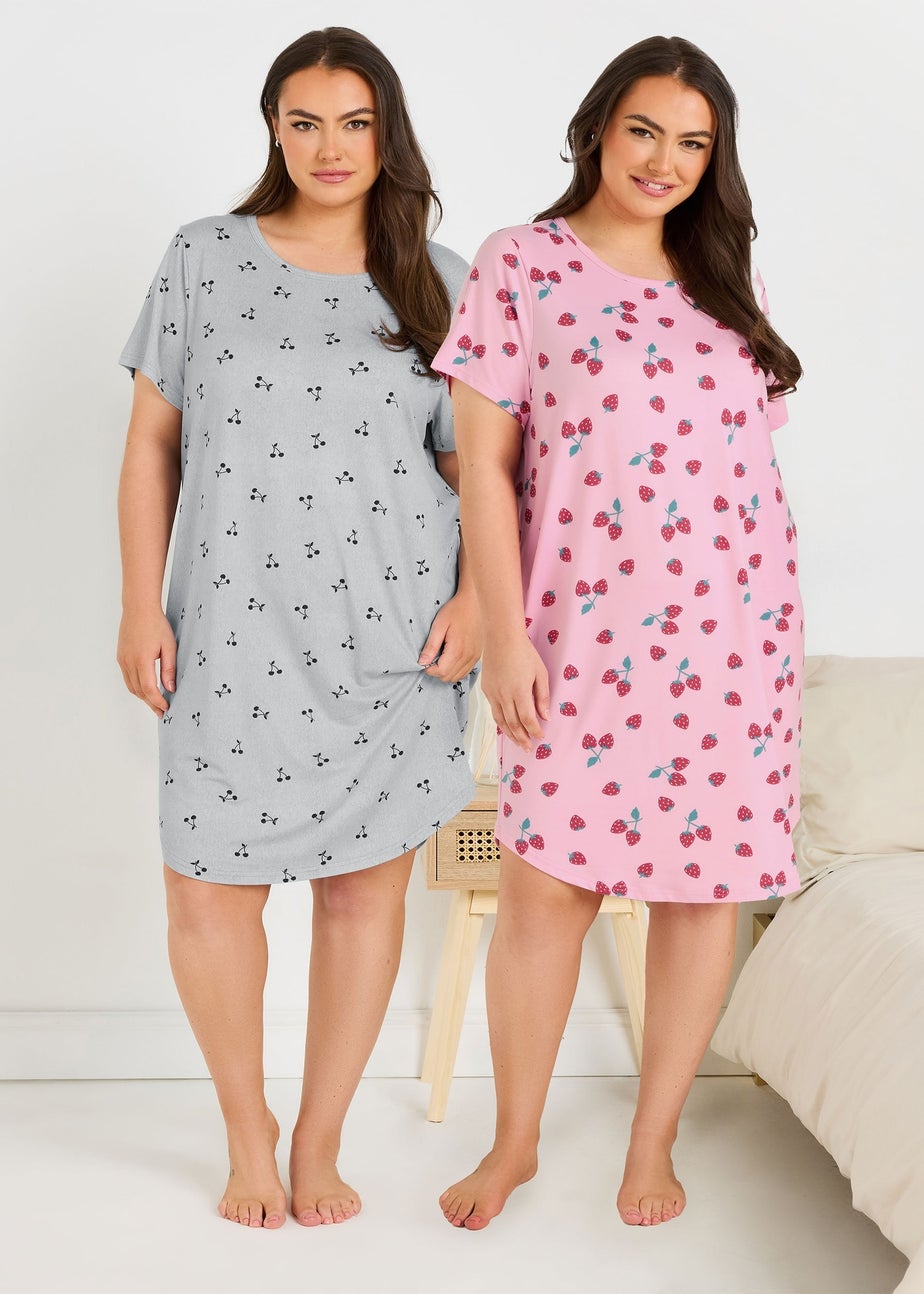 Yours Curve 2 Pack Pink & Grey Fruit Print Soft Touch Nightdresses