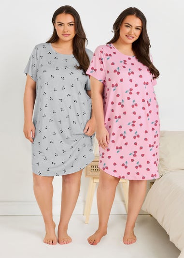 Yours Curve 2 Pack Pink & Grey Fruit Print Soft Touch Nightdresses