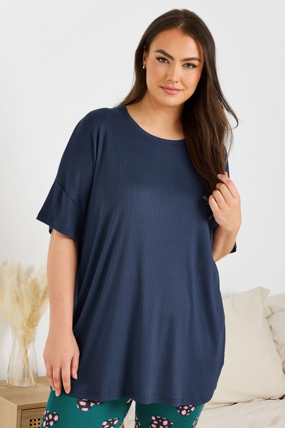 Yours Curve Navy Blue Ribbed Soft Touch Pyjama Top