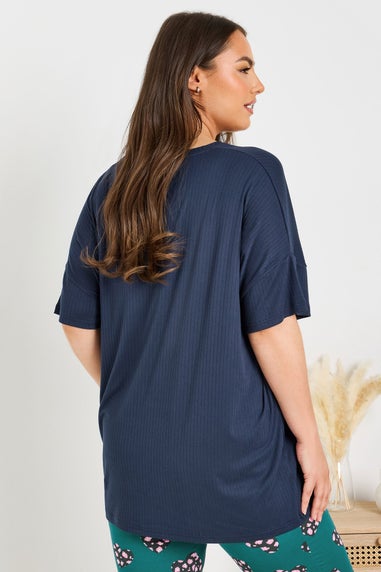 Yours Curve Navy Blue Ribbed Soft Touch Pyjama Top