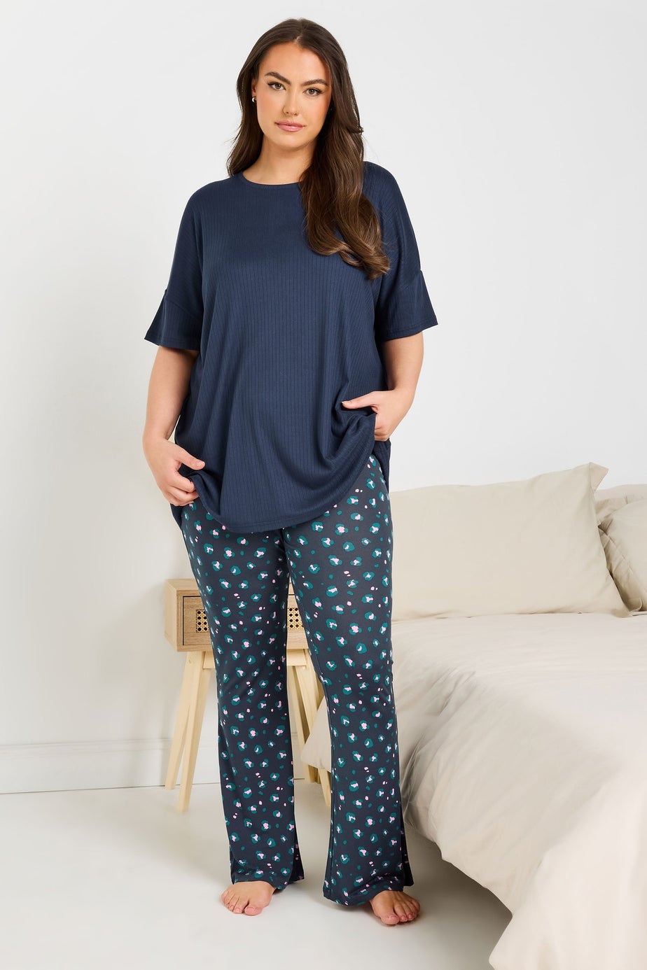 Yours Curve Navy Blue Ribbed Soft Touch Pyjama Top