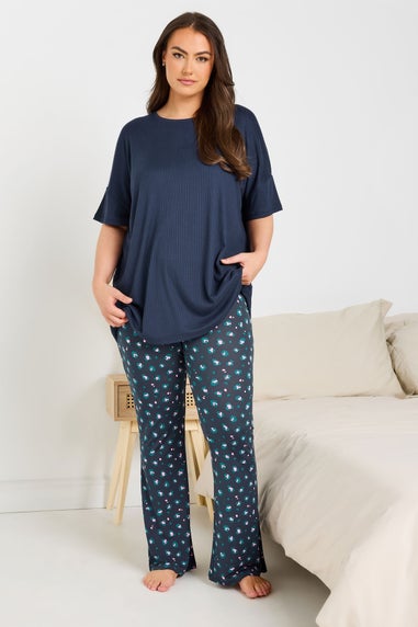 Yours Curve Navy Blue Ribbed Soft Touch Pyjama Top