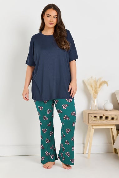 Yours Curve Navy Blue Ribbed Soft Touch Pyjama Top