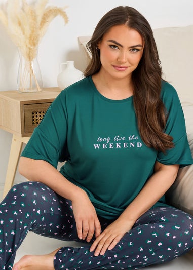 Yours Curve Green Long Live The Weekend Soft Touch Pyjama Top