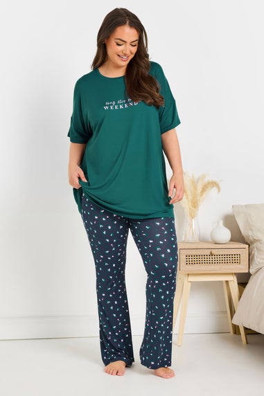Yours Curve Green Long Live The Weekend Soft Touch Pyjama Top
