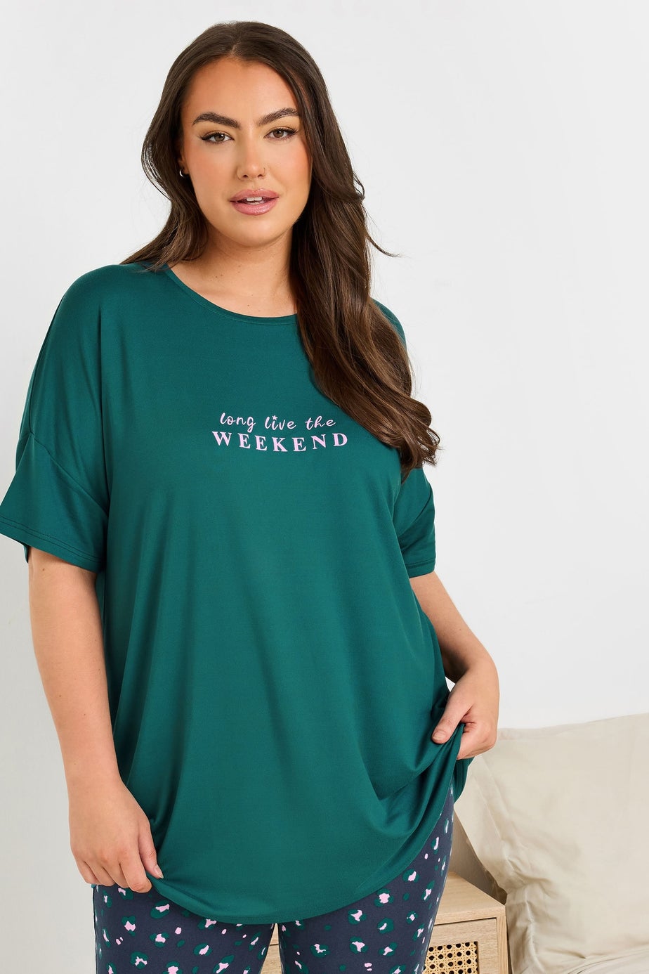 Yours Curve Green Long Live The Weekend Soft Touch Pyjama Top