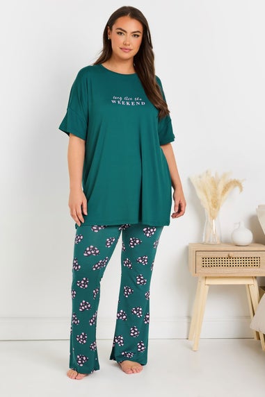 Yours Curve Green Long Live The Weekend Soft Touch Pyjama Top