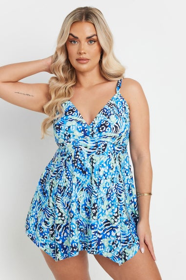 Yours Curve Blue Animal Print Wrap Tankini Top
