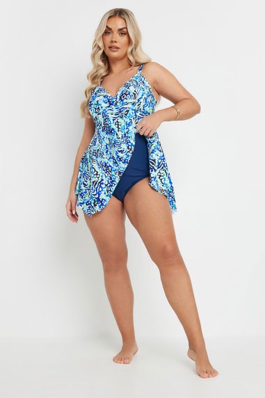 Yours Curve Blue Animal Print Wrap Tankini Top