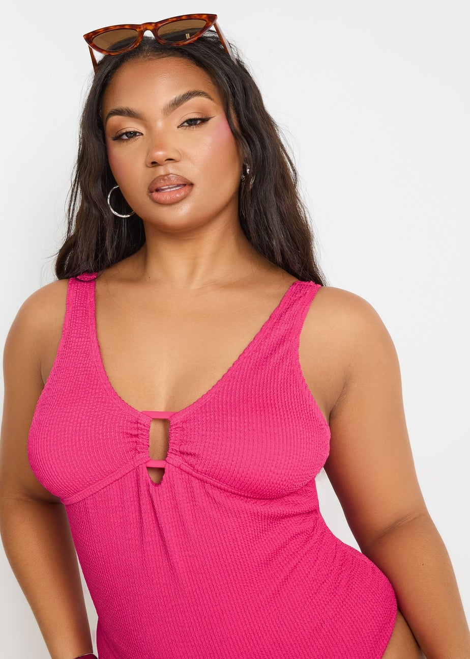 Yours Curve Pink Buckle Textured Swimsuit