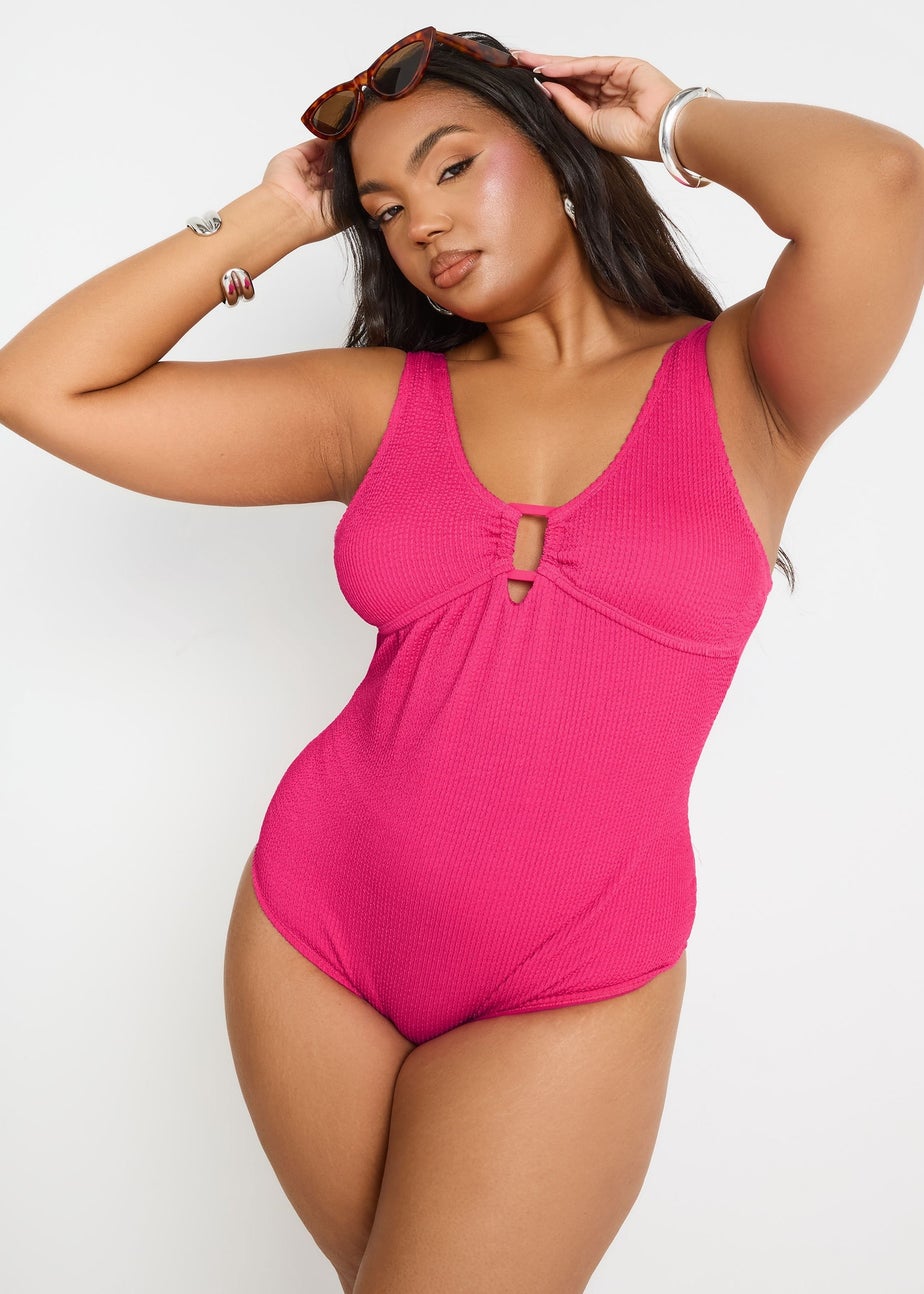 Yours Curve Pink Buckle Textured Swimsuit