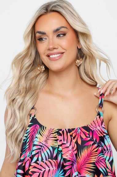 Yours Curve Black Tropical Print Frill Bikini Top