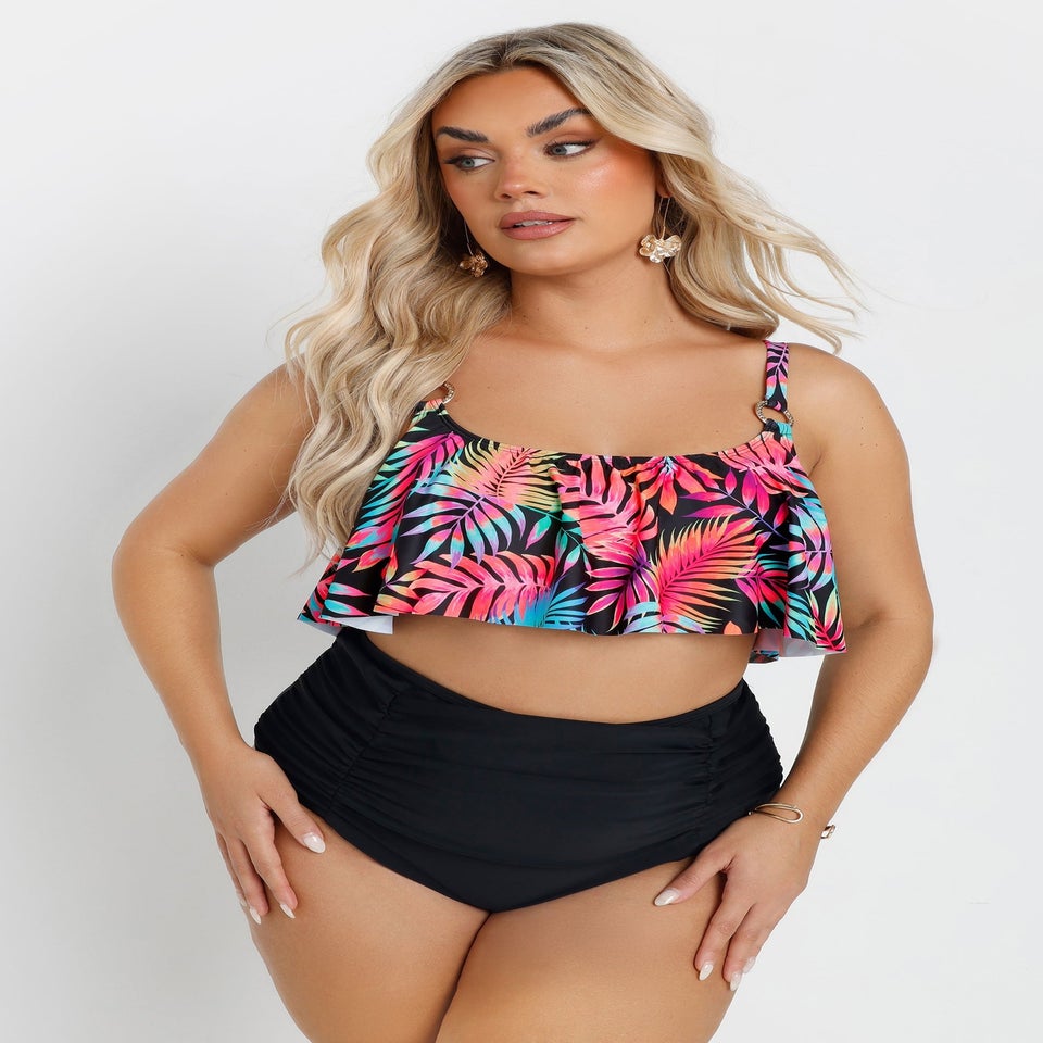 Yours Curve Black Tropical Print Frill Bikini Top