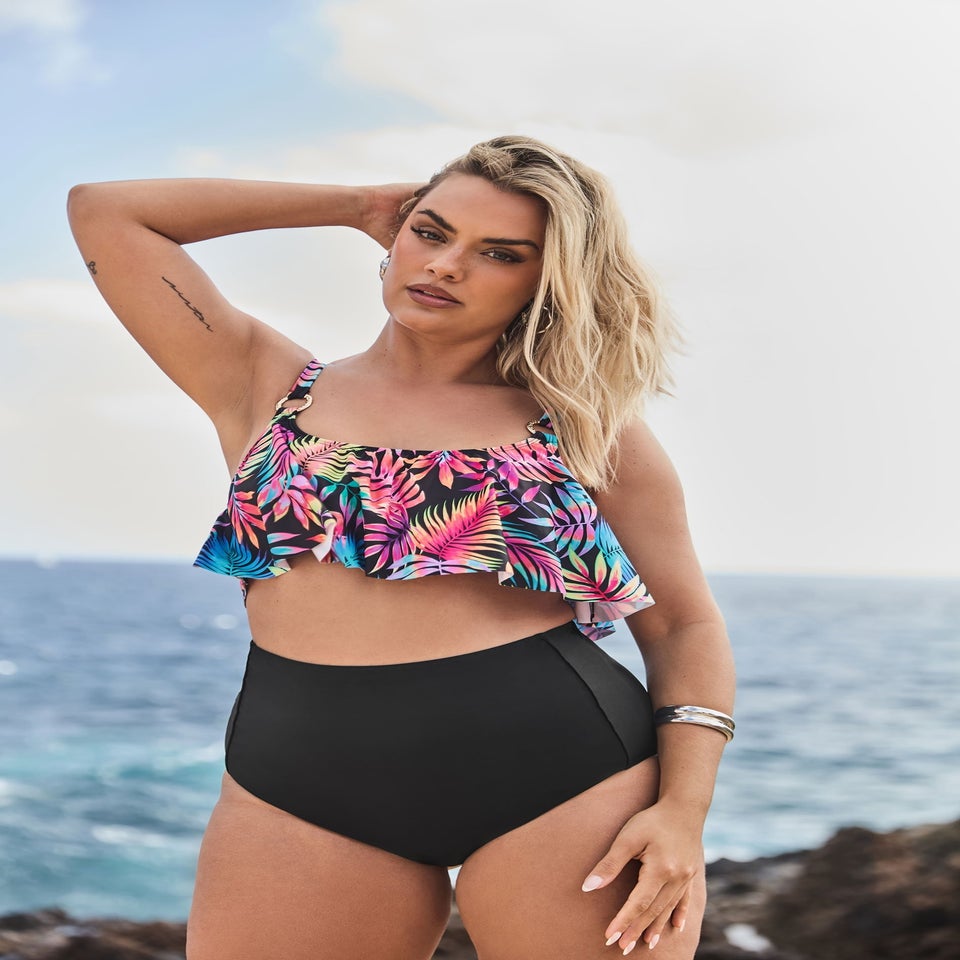 Yours Curve Black Tropical Print Frill Bikini Top