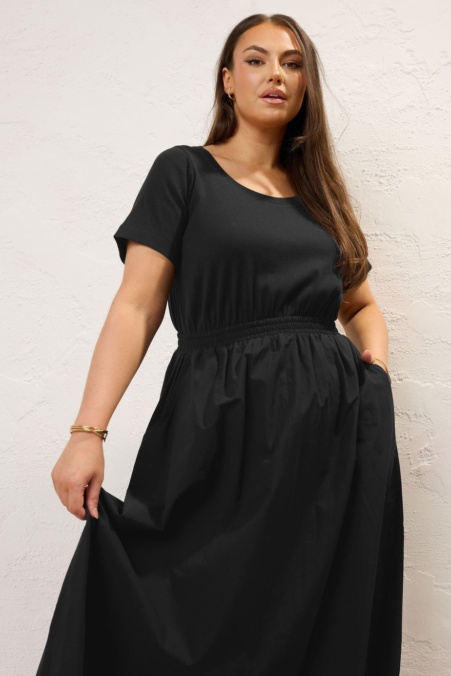 Yours Curve Black Jersey & Woven Mix Fabric Midaxi Skater Dress