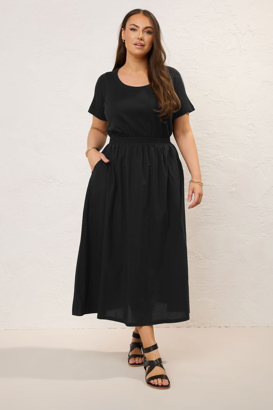 Yours Curve Black Jersey & Woven Mix Fabric Midaxi Skater Dress