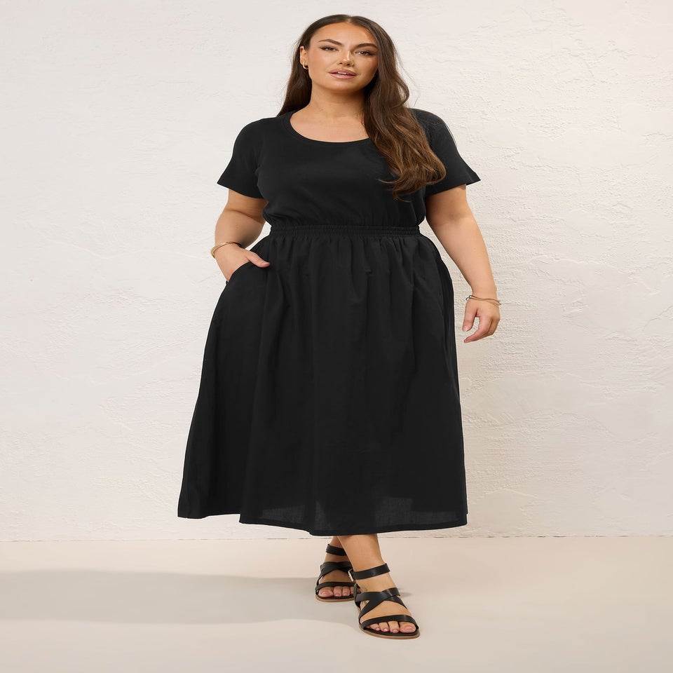 Yours Curve Black Jersey & Woven Mix Fabric Midaxi Skater Dress
