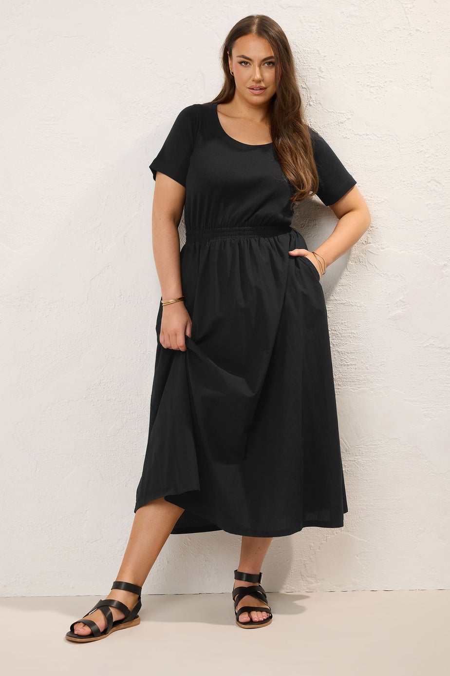 Yours Curve Black Jersey & Woven Mix Fabric Midaxi Skater Dress
