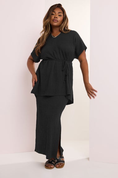 Yours Curve Black Textured Side Split Maxi Skirt