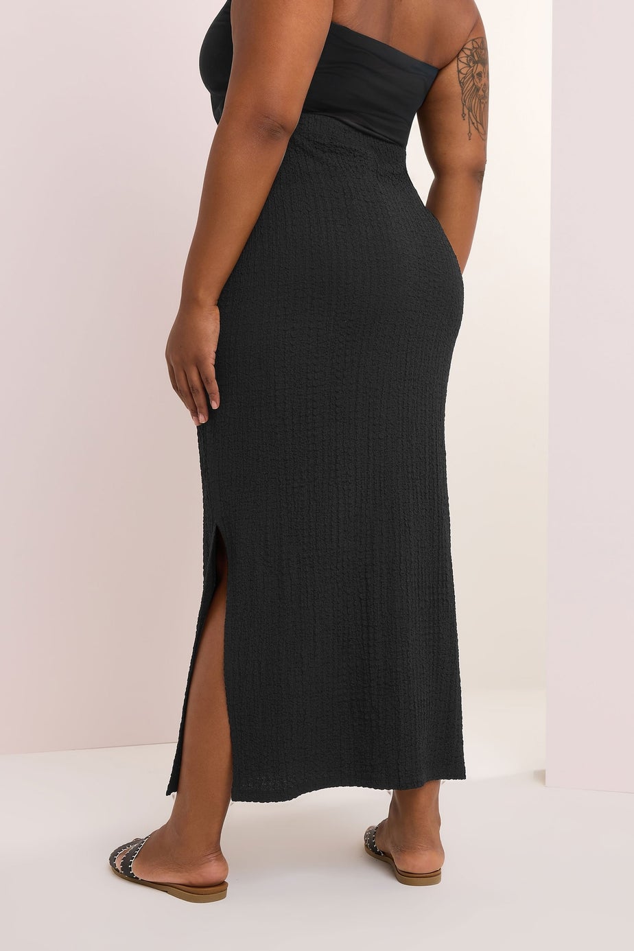Yours Curve Black Textured Side Split Maxi Skirt