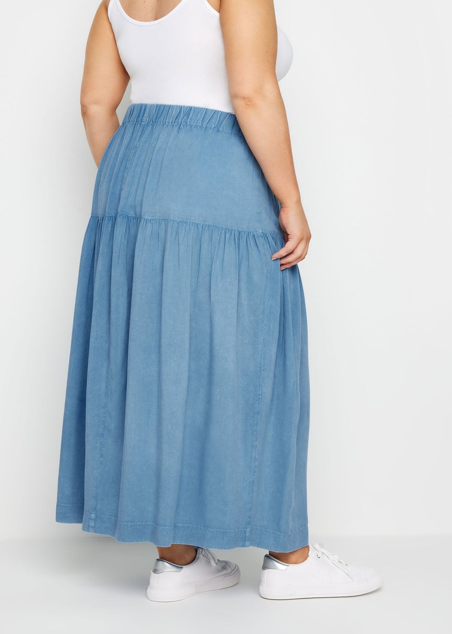 Yours Curve Blue Chambray Tiered Midi Skirt