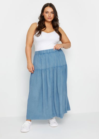 Yours Curve Blue Chambray Tiered Midi Skirt