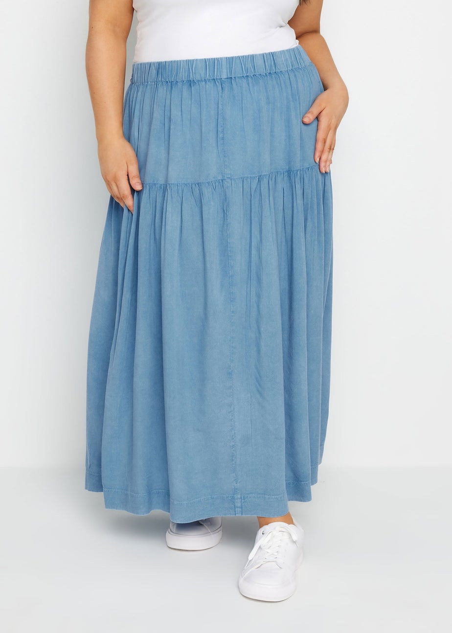 Yours Curve Blue Chambray Tiered Midi Skirt