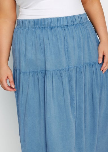 Yours Curve Blue Chambray Tiered Midi Skirt