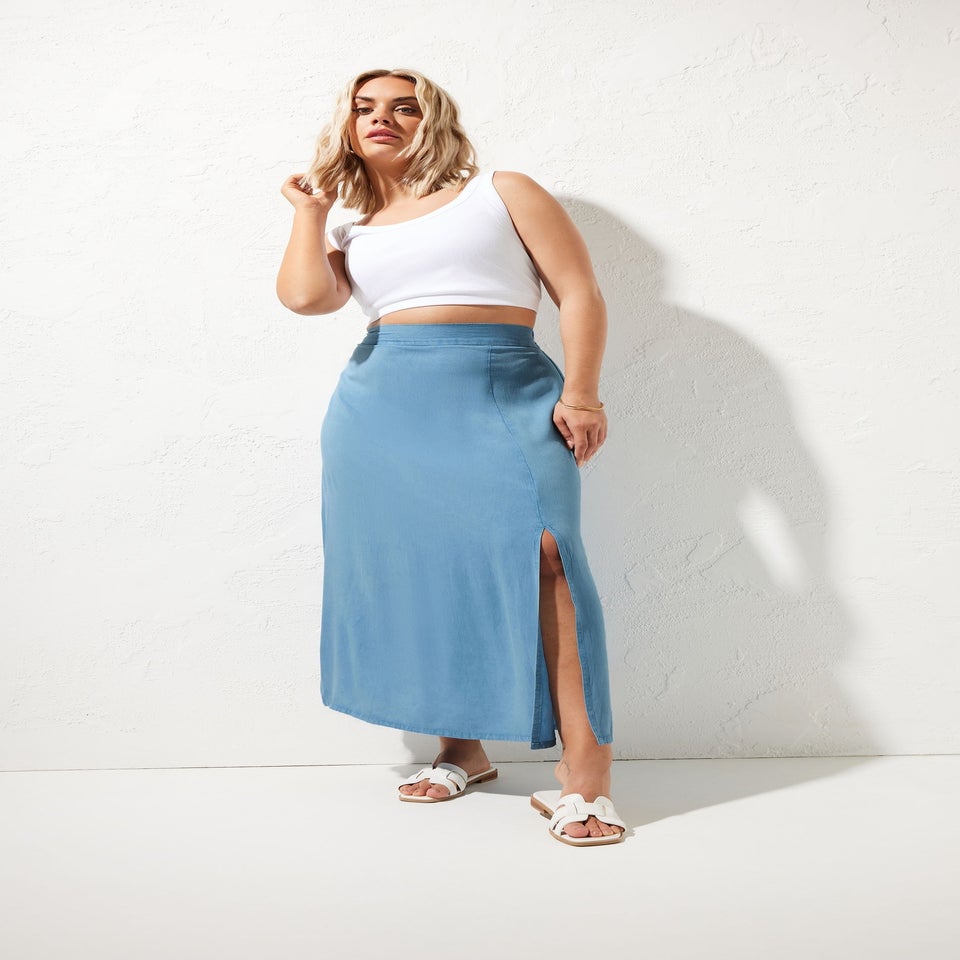 Yours Curve Blue Chambray Maxi Skirt