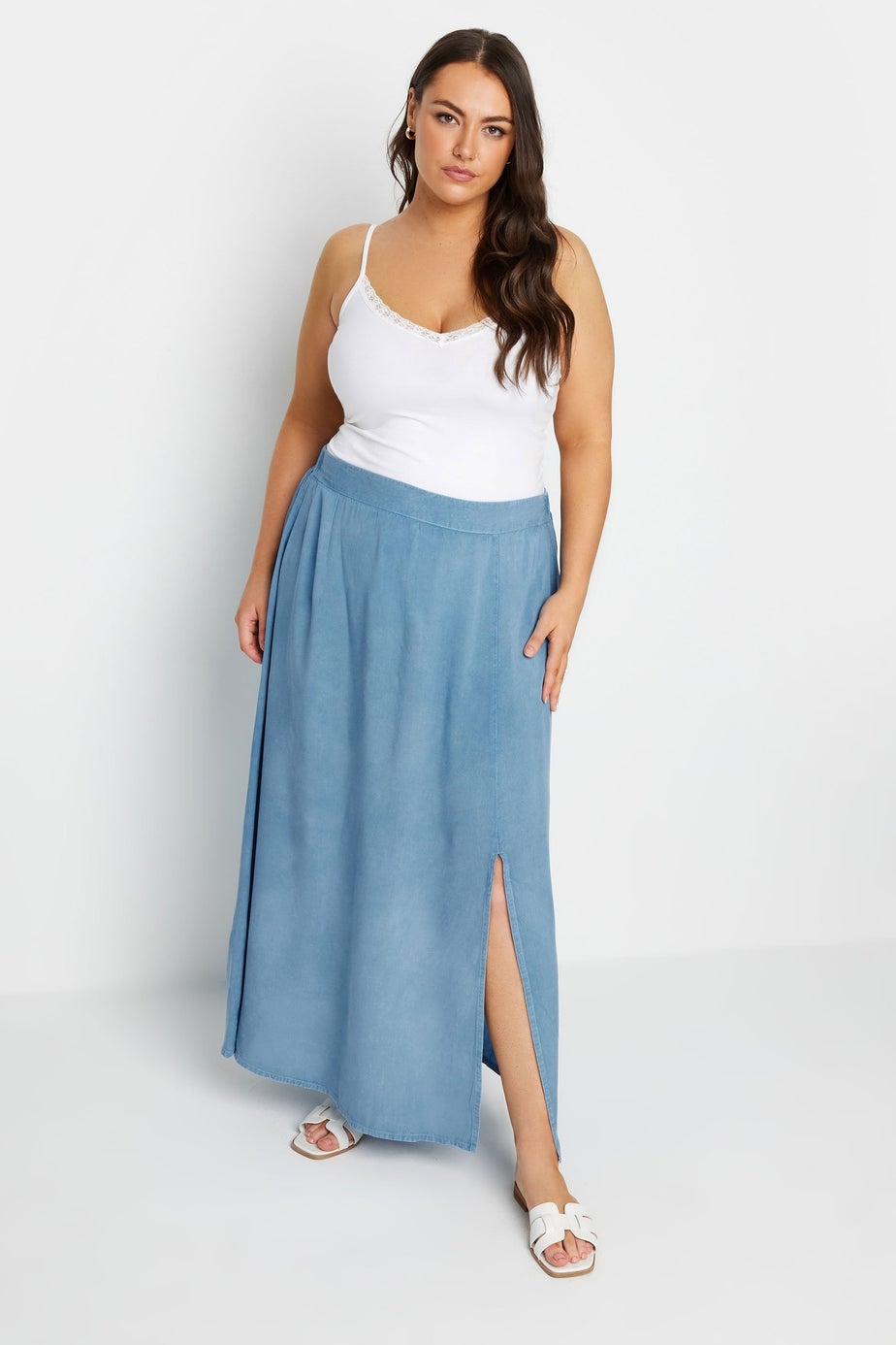 Yours Curve Blue Chambray Maxi Skirt