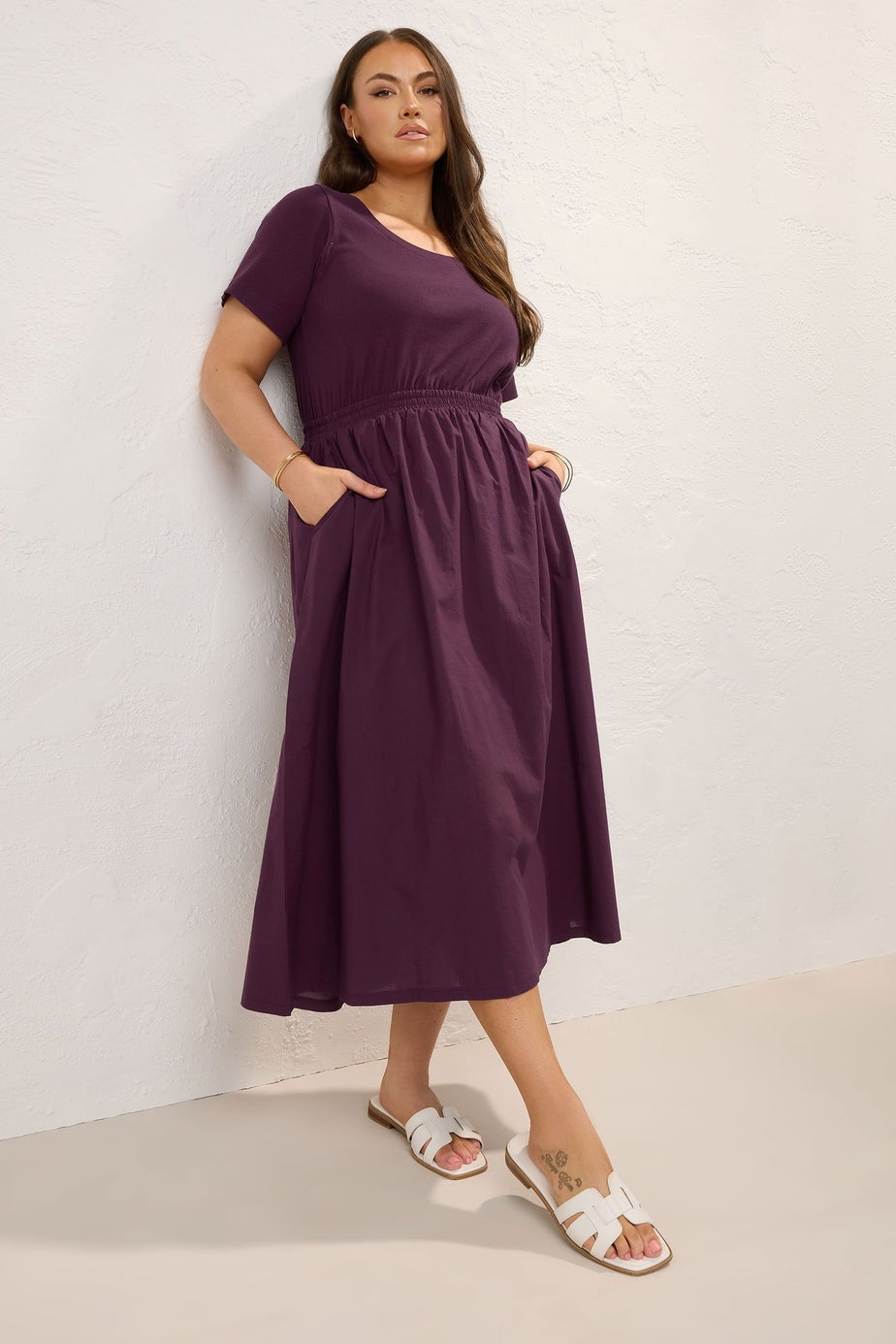 Yours Curve Dark Purple Jersey & Woven Mix Fabric Midaxi Skater Dress
