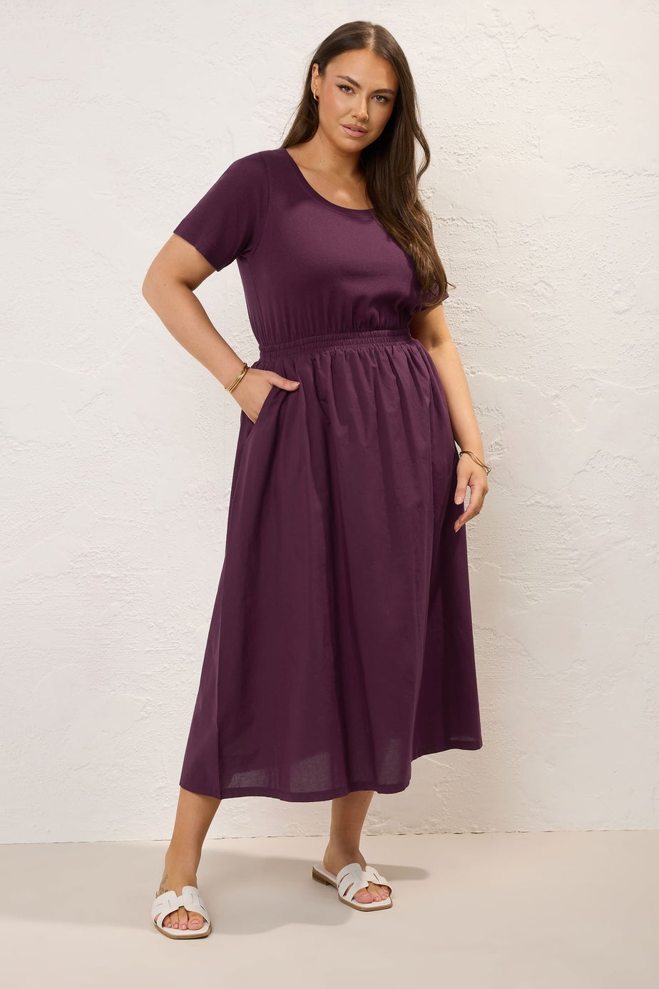 Yours Curve Dark Purple Jersey & Woven Mix Fabric Midaxi Skater Dress