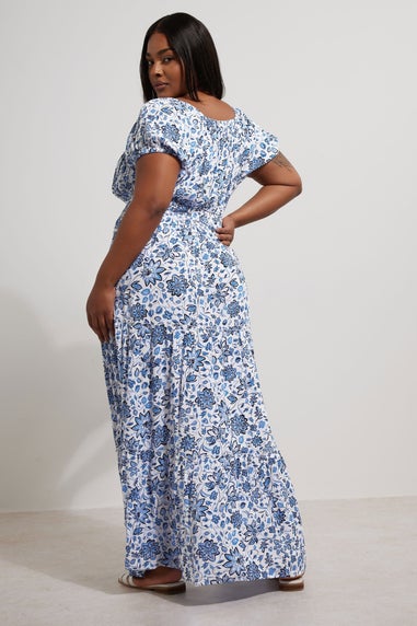 Yours Curve Blue Floral Tie Neck Tiered Maxi Dress
