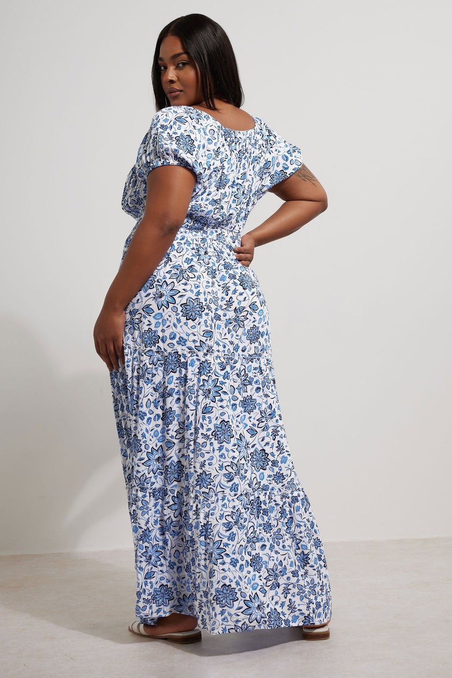 Yours Curve Blue Floral Tie Neck Tiered Maxi Dress