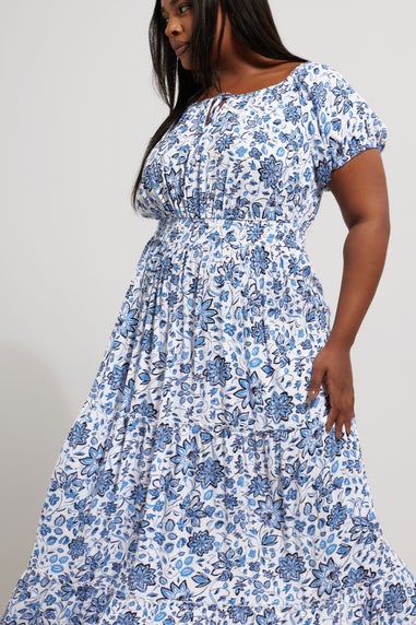 Yours Curve Blue Floral Tie Neck Tiered Maxi Dress