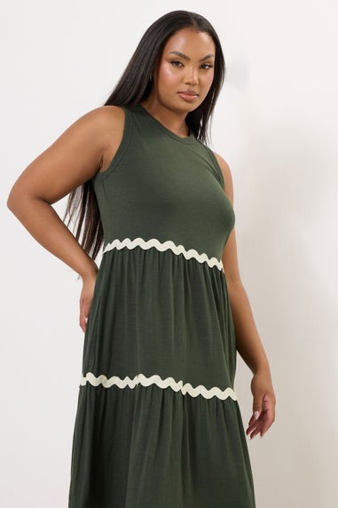 Yours Curve Khaki Green Contrast Swirl Tiered Maxi Dress