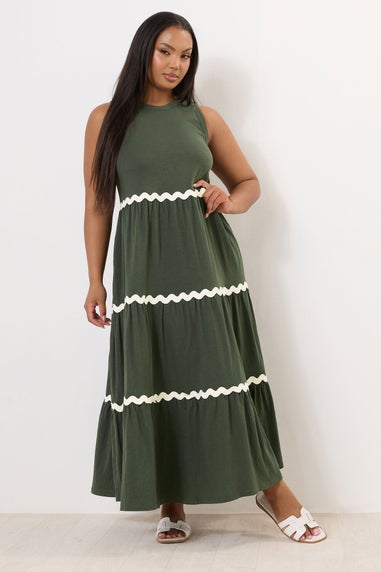 Yours Curve Khaki Green Contrast Swirl Tiered Maxi Dress