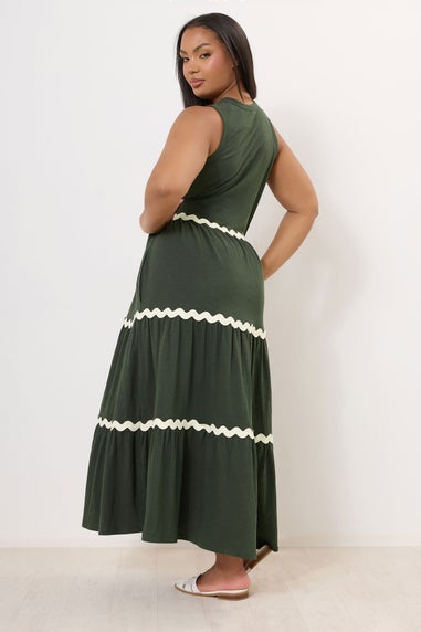 Yours Curve Khaki Green Contrast Swirl Tiered Maxi Dress