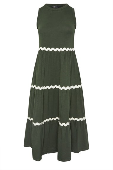Yours Curve Khaki Green Contrast Swirl Tiered Maxi Dress