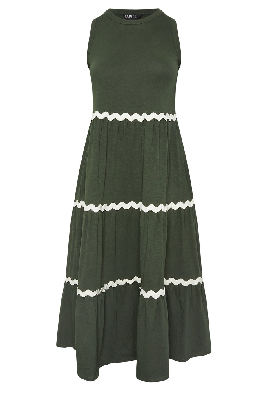 Yours Curve Khaki Green Contrast Swirl Tiered Maxi Dress