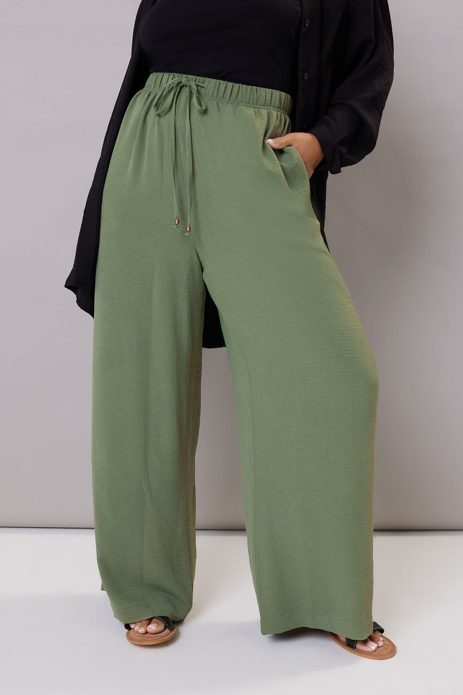 Yours Curve Khaki Green Twill Wide Leg Trousers