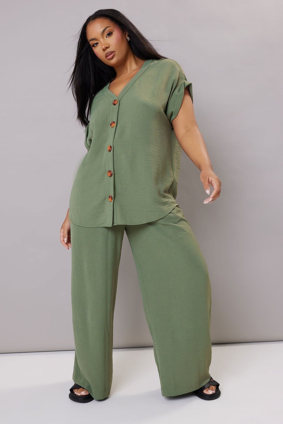 Yours Curve Khaki Green Twill Wide Leg Trousers