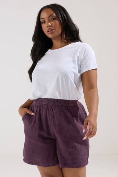 Yours Curve Purple Cotton Cheesecloth Shorts