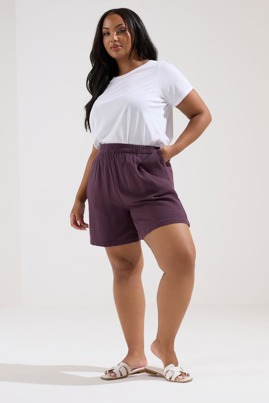 Yours Curve Purple Cotton Cheesecloth Shorts