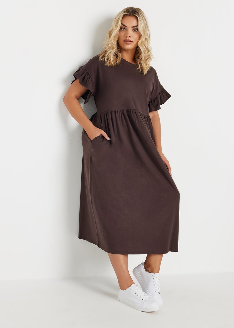 Yours Curve Chocolate Brown Frill Cotton Midaxi Dress