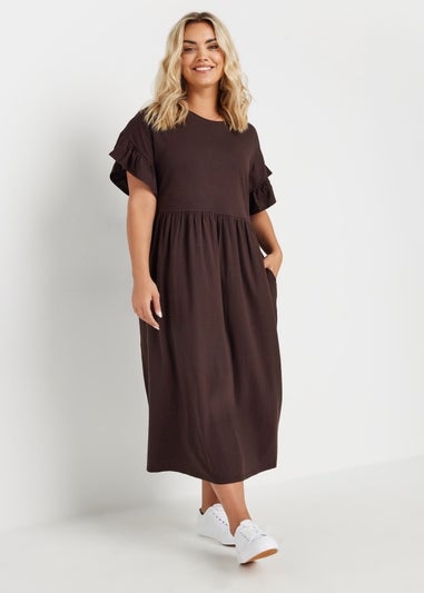 Yours Curve Chocolate Brown Frill Cotton Midaxi Dress