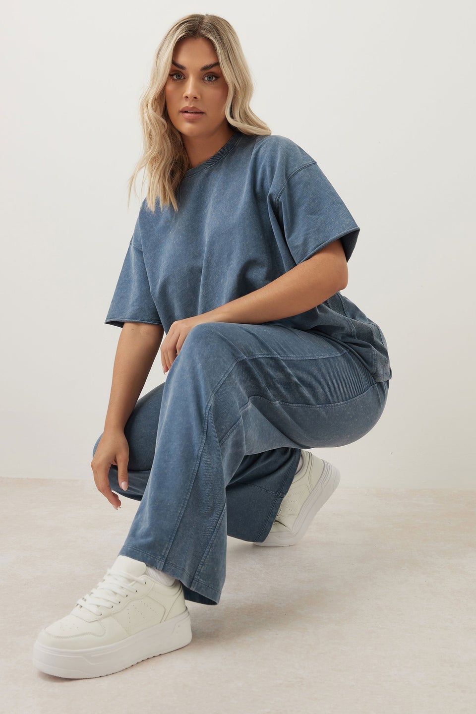 Yours Curve Blue Acid Wash Wide Leg Joggers