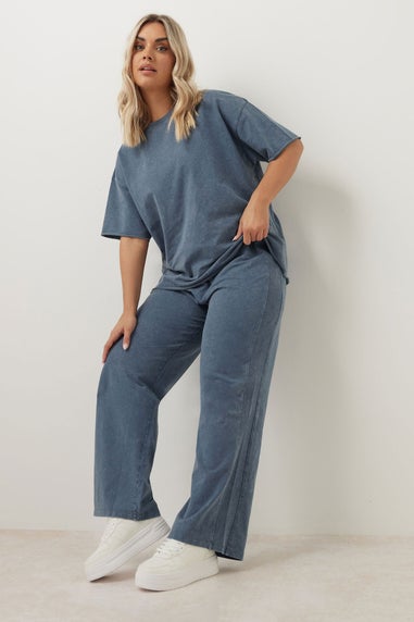 Yours Curve Blue Acid Wash Wide Leg Joggers